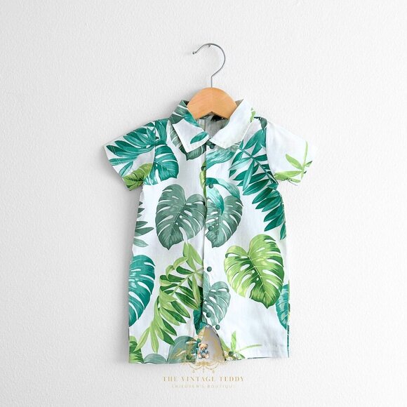 Other - NWT Cute Boys Oxford Short Sleeve One-Piece Romper Shorts Hawaiian Summer 0-3 M
